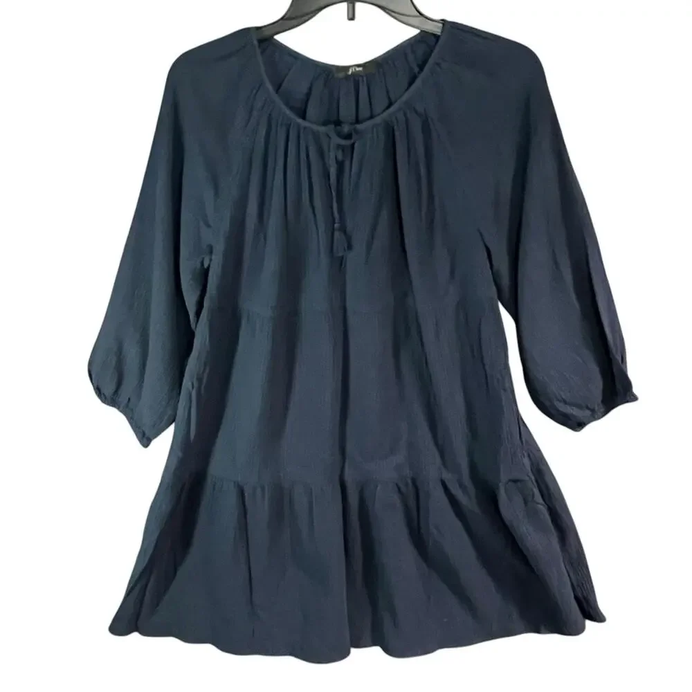 J Crew Beach Tunic‎ Dress Womens S Blue Crinkle Cotton Tiered Cover Up Coastal